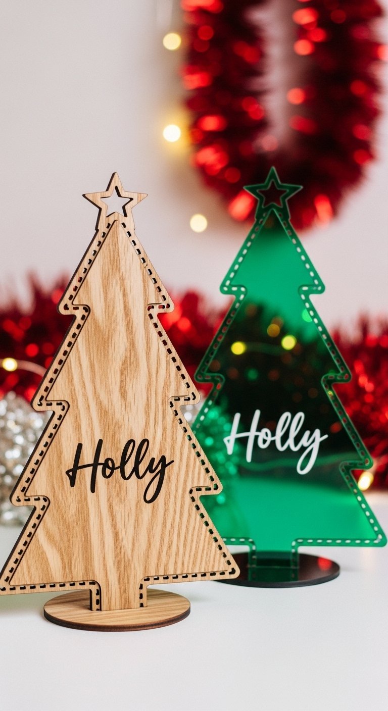 Deux sapins de table un en bois et un en acrylique vert avec le nom Holly