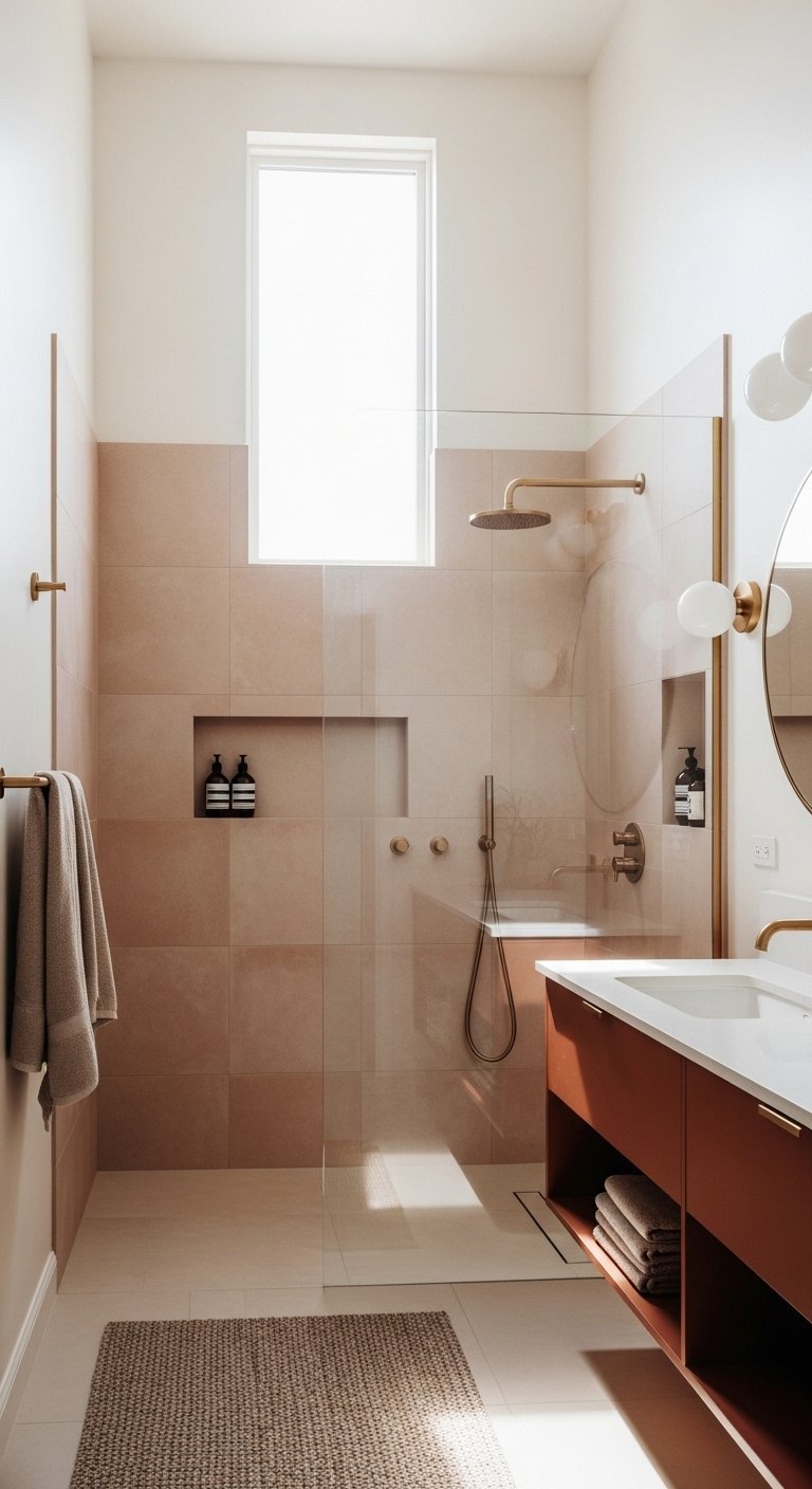 Douche lumineuse avec grands carreaux terracotta et robinetterie en laiton