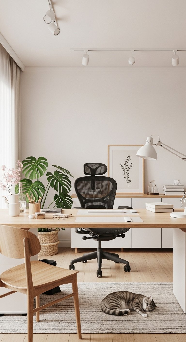 Grand bureau en bois clair avec une chaise de bureau ergonomique noire et un chat dormant