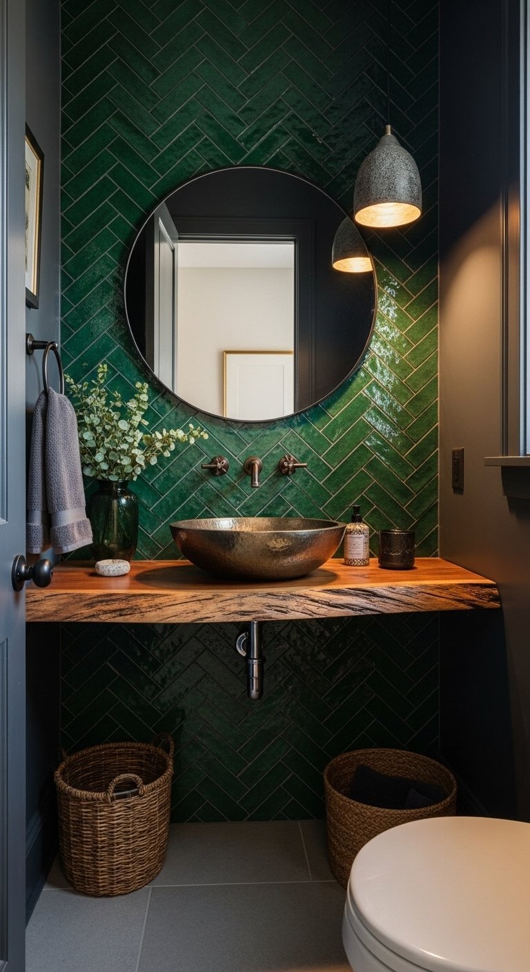 Mur en carrelage vert chevron avec vasque en métal martelé
