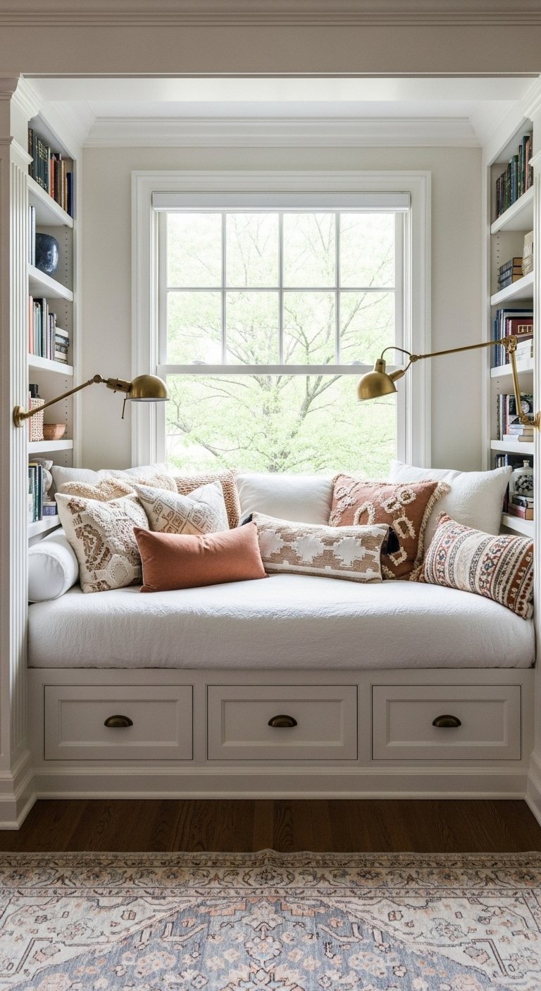 Niche de fenetre avec banquette et coussins encadree par deux bibliotheques
