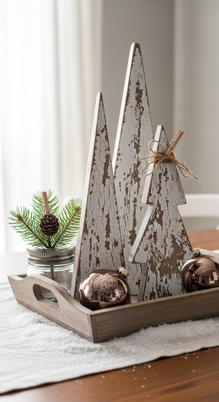 Centre de table avec plateau en bois et sapins blancs a l effet vieilli