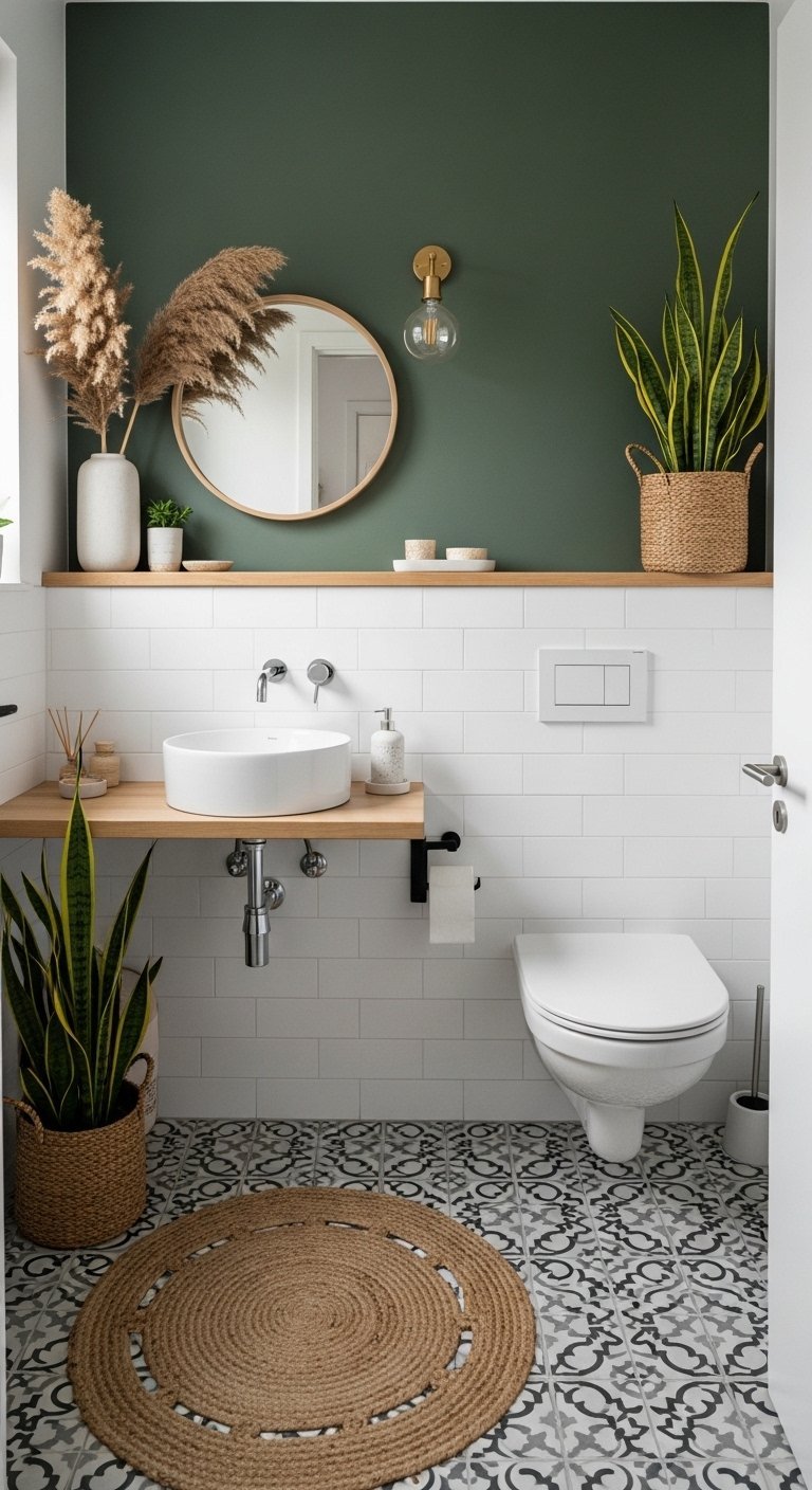 Salle de bain bohème avec mur vert et étagère en bois