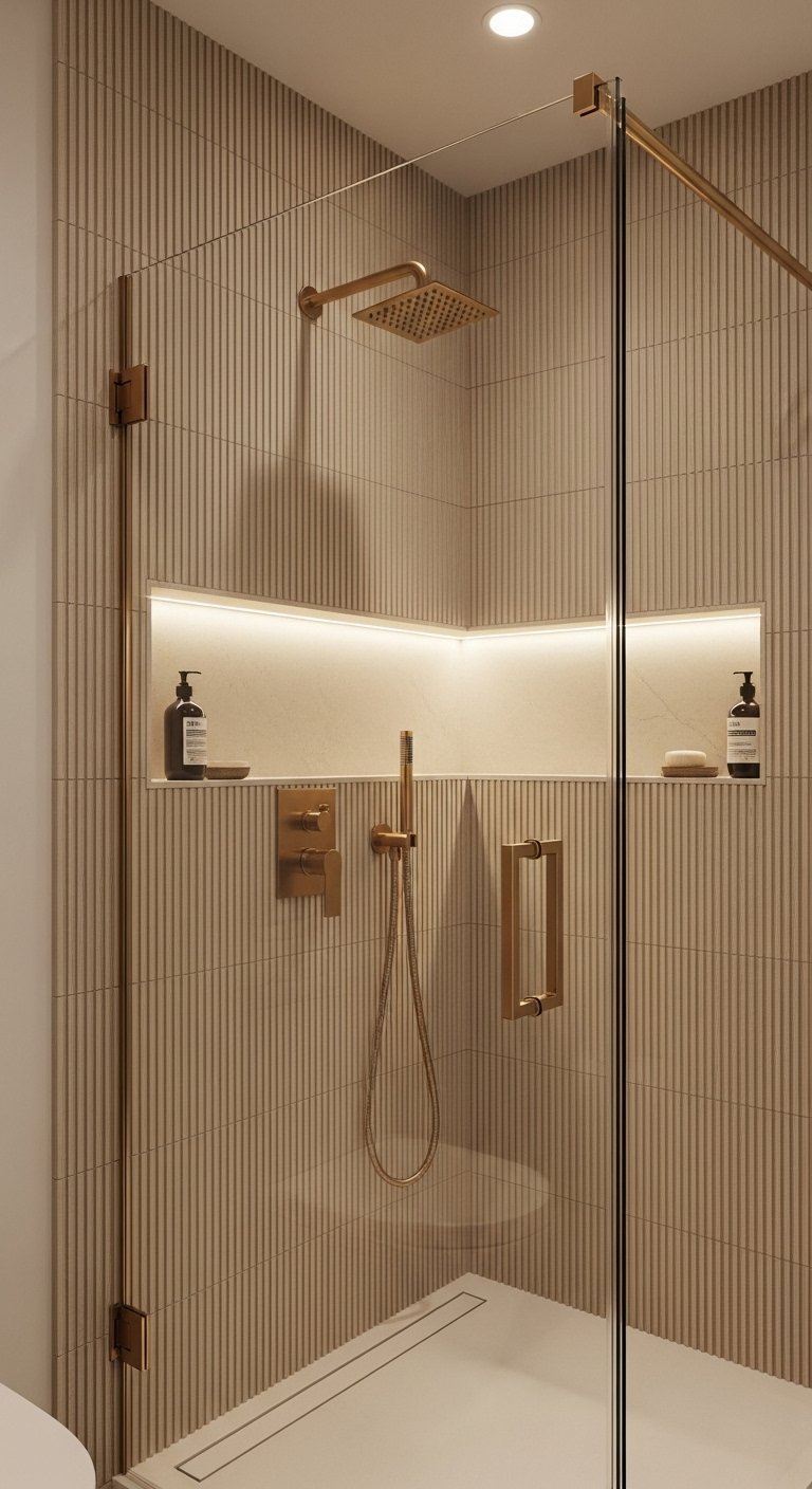 Douche italienne avec carrelage mural texturé et robinetterie bronze