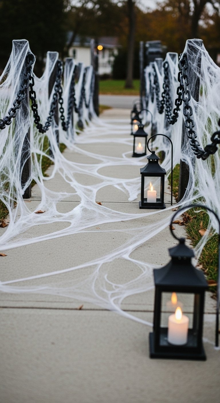 Allée de jardin décorée de toiles daraignées et de lanternes noires pour Halloween