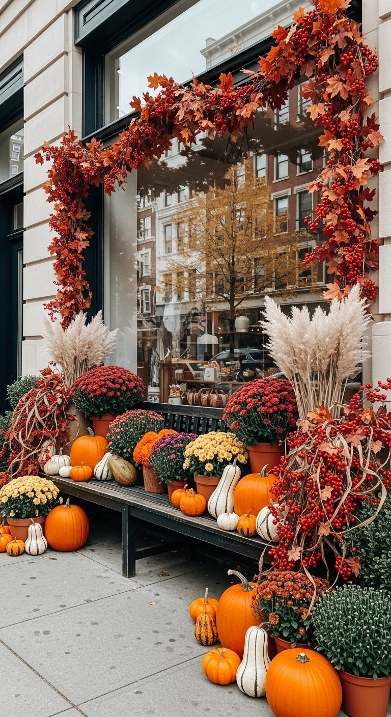 Banc en bois devant une vitrine decore avec des citrouilles et des chrysanthemes
