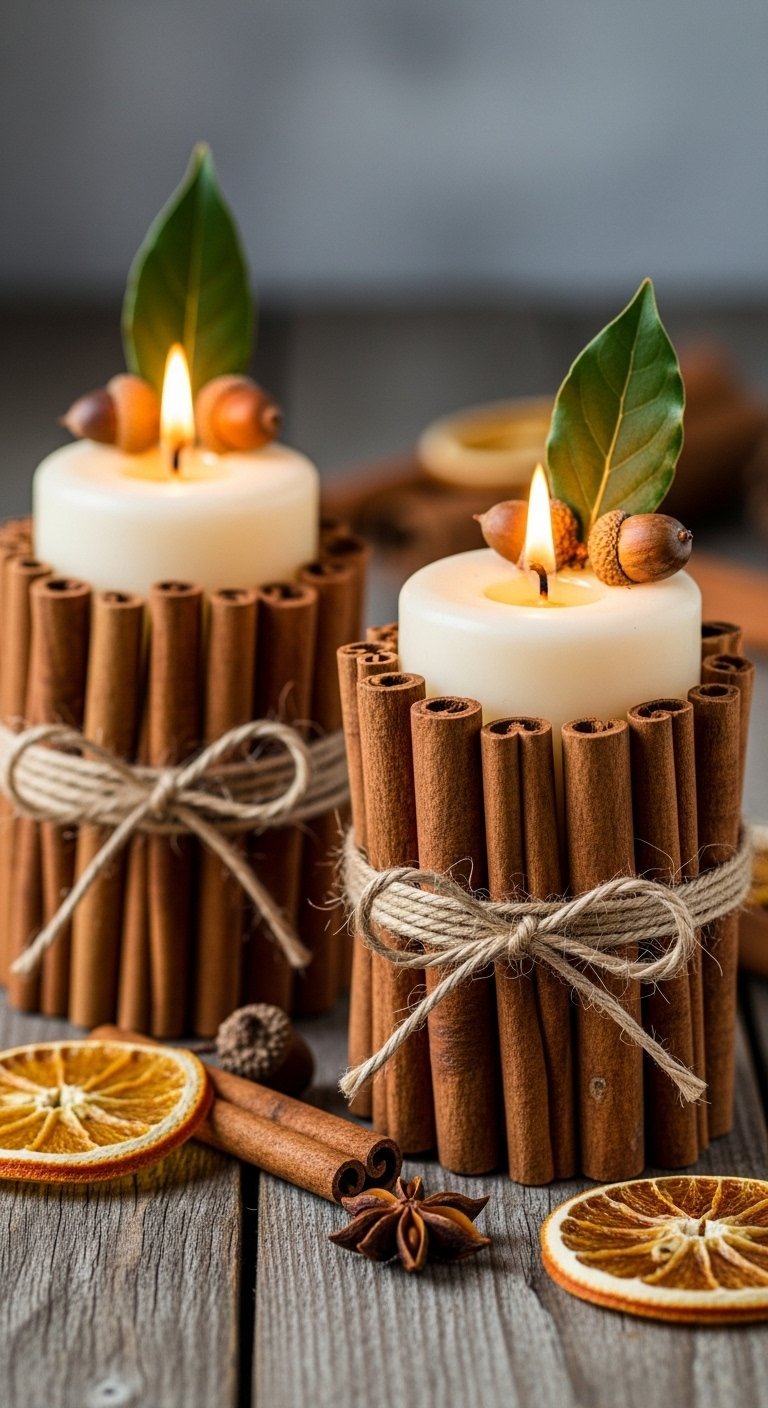 Bougies blanches entourées de bâtons de cannelle et ficelle