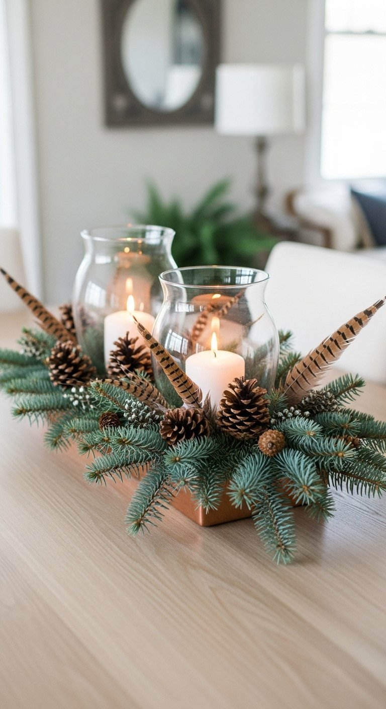Bougies dans des photophores en verre entourées de branches de sapin et de plumes