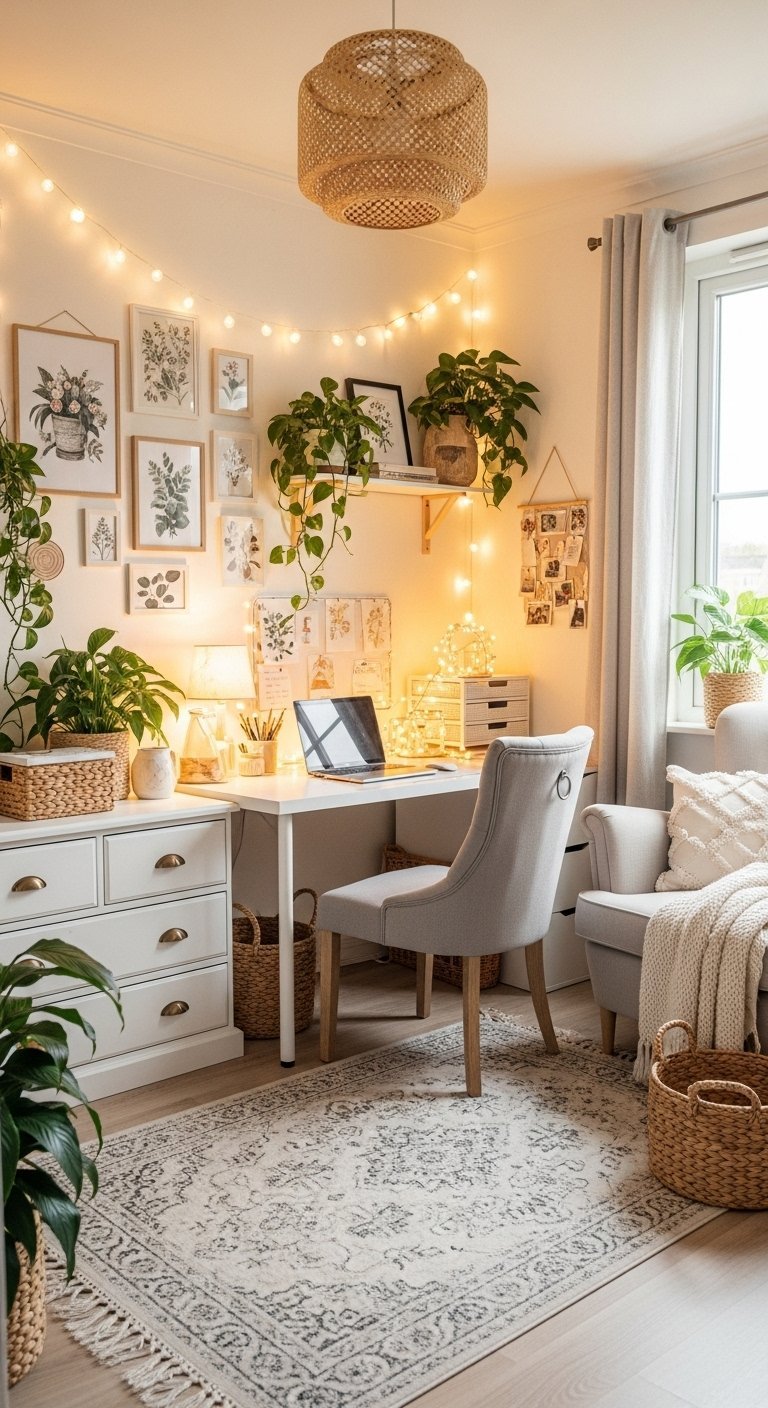 Bureau blanc dans un coin cosy avec des plantes et des guirlandes lumineuses