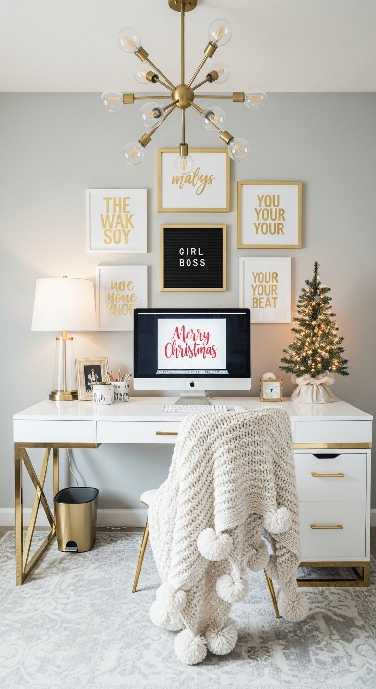 Bureau blanc et or avec mur de cadres de motivation