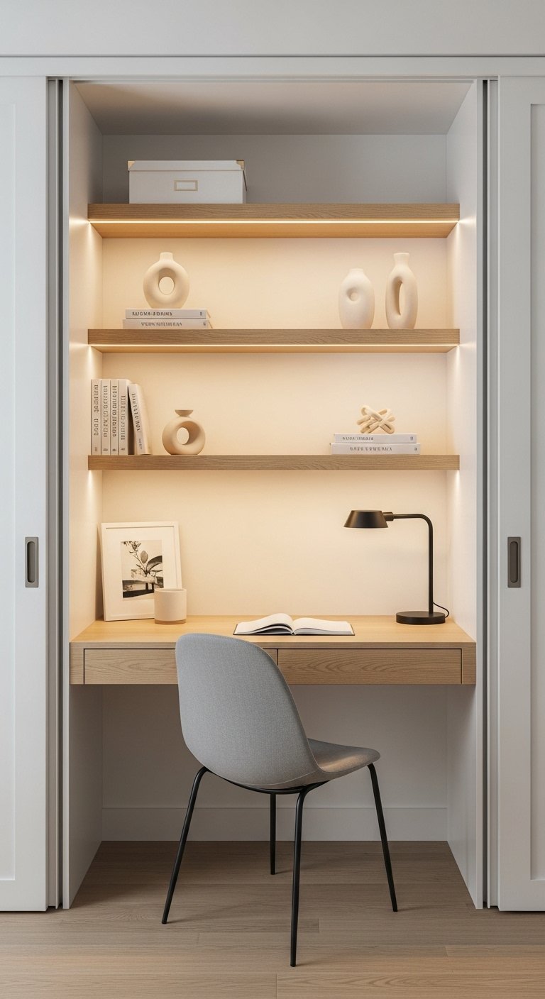 Bureau de style scandinave avec étagères en bois clair éclairage intégré et portes coulissantes