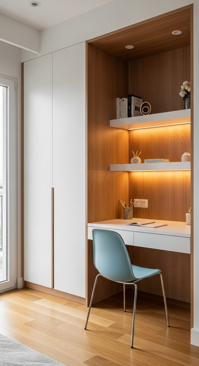 Bureau niche en bois et blanc avec chaise bleu pastel et éclairage LED