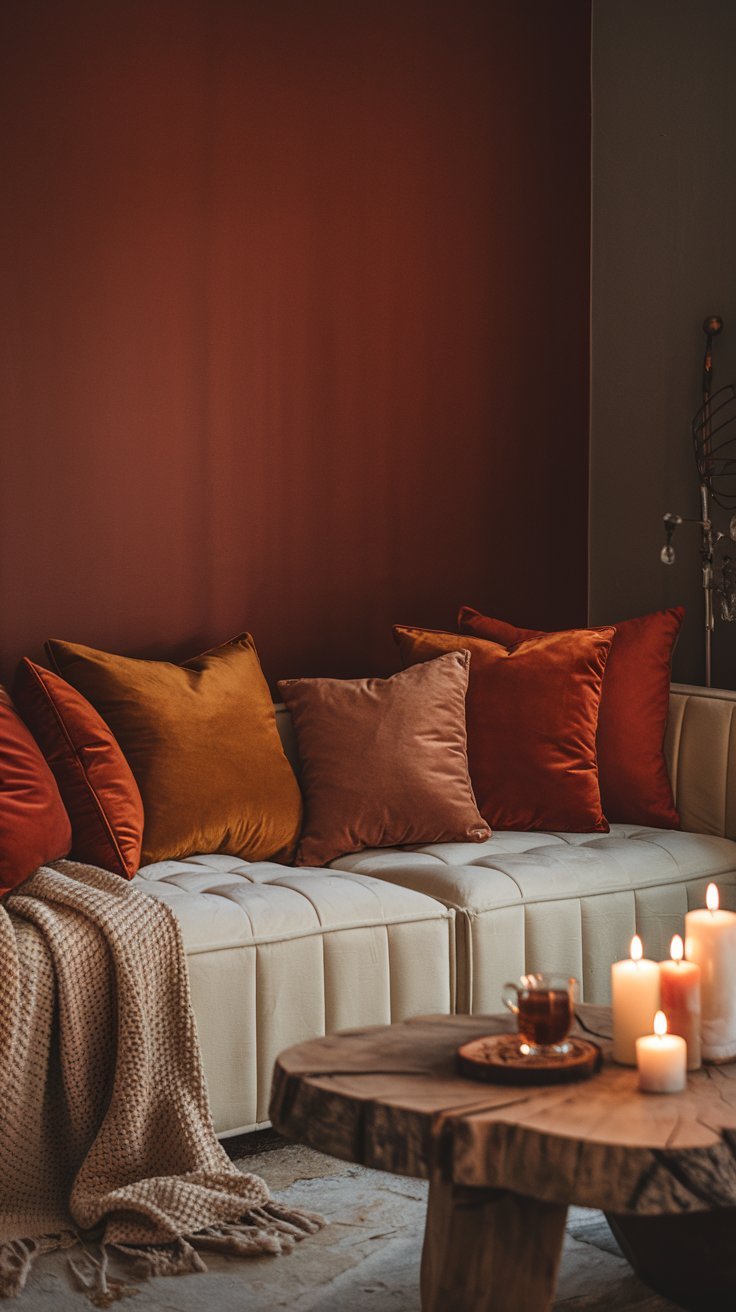 Canapé confortable devant un mur d accent terracotta avec des bougies allumées