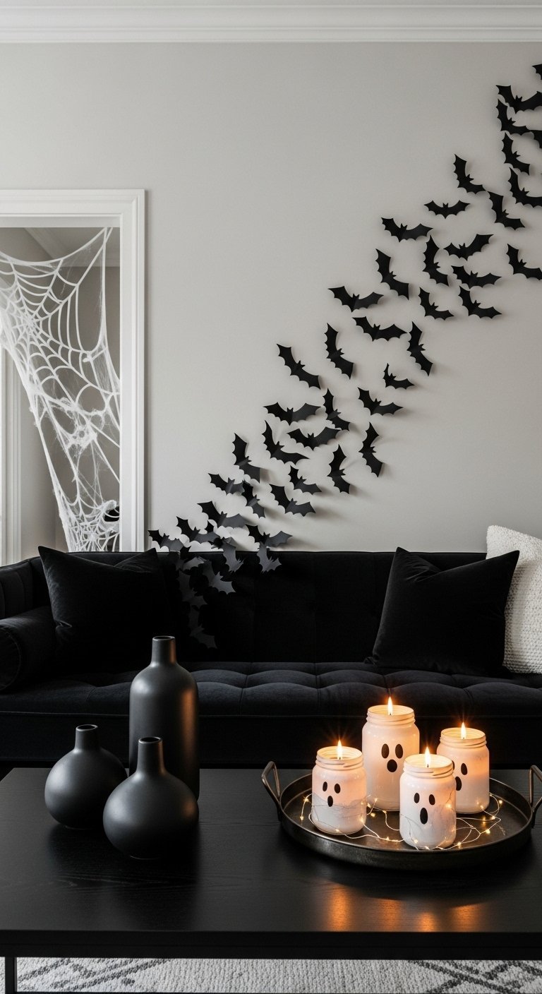 Canape noir avec des chauves souris au mur et des bougies fantomes