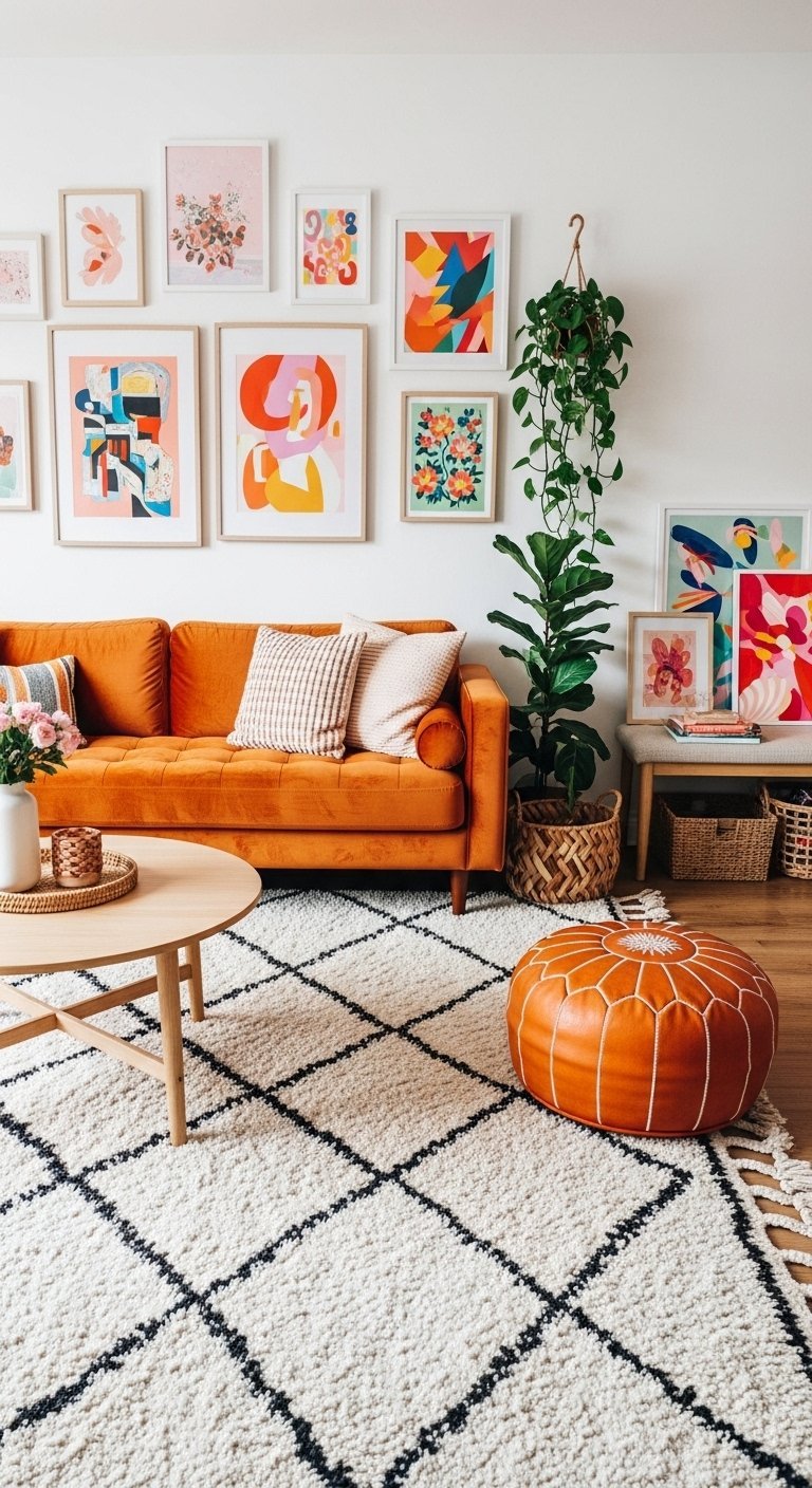 Canapé orange vif devant un mur de cadres colorés dans un salon bohème