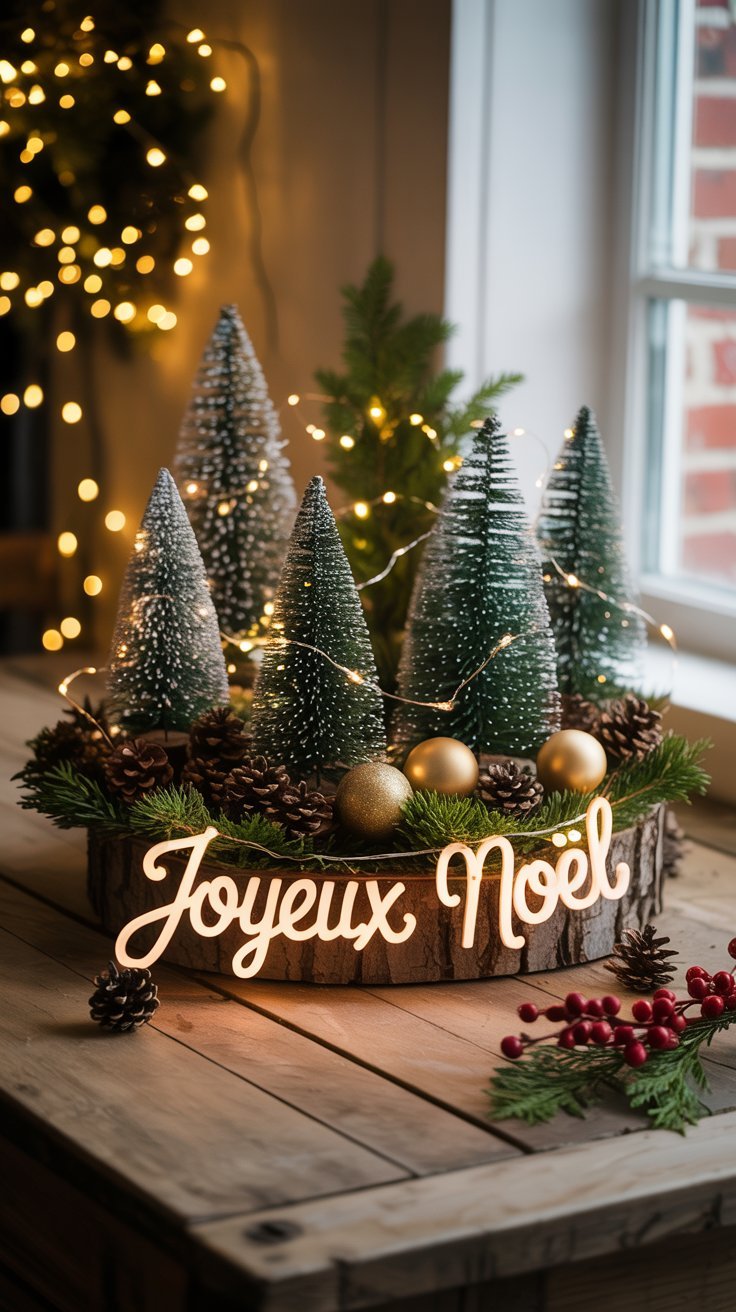 Centre de table avec mini sapins et inscription lumineuse Joyeux Noel