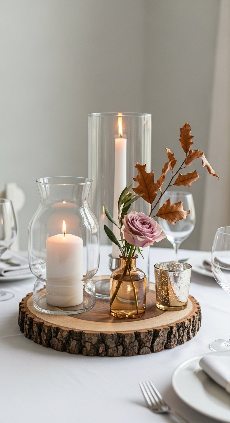 Centre de table minimaliste avec rondin de bois bougies et vase ambré