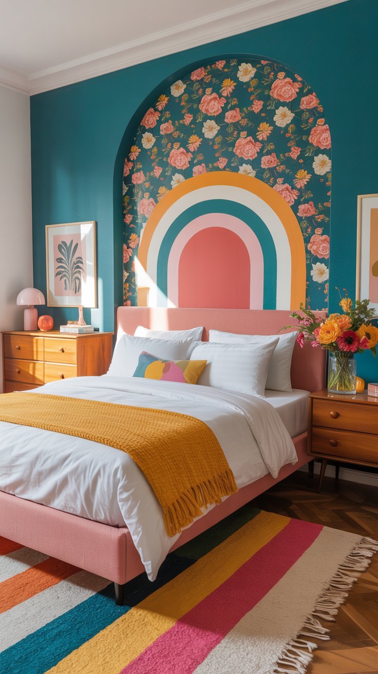 Chambre avec mur d accent bleu et tête de lit peinte en arc en ciel