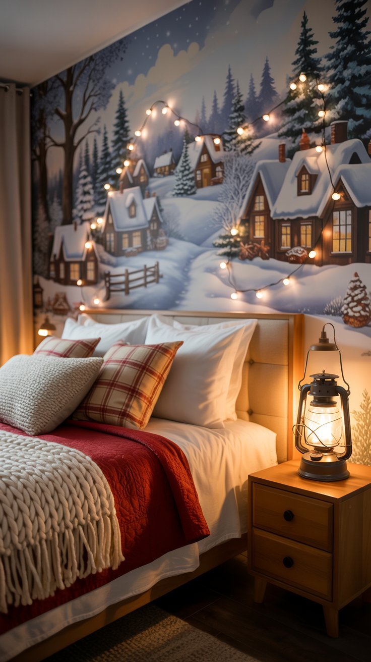 Chambre avec une murale de paysage de neige et guirlandes lumineuses
