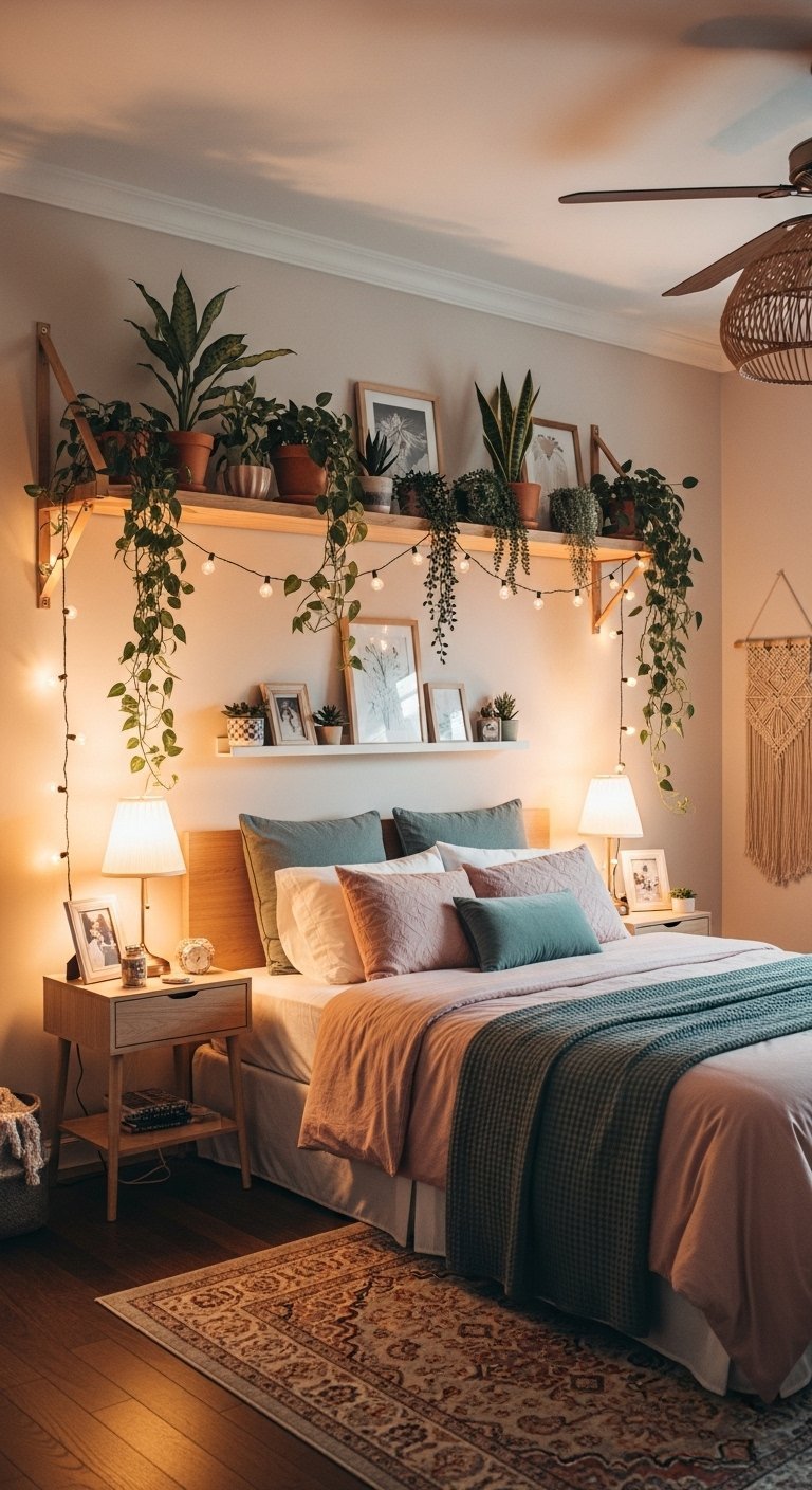 Chambre bohème avec étagère en bois et plantes suspendues