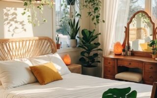 Chambre lumineuse remplie de plantes vertes sur des étagères