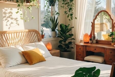 Chambre lumineuse remplie de plantes vertes sur des étagères