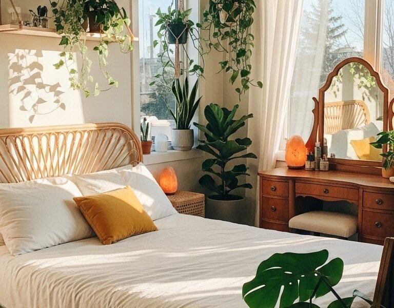 Chambre lumineuse remplie de plantes vertes sur des étagères