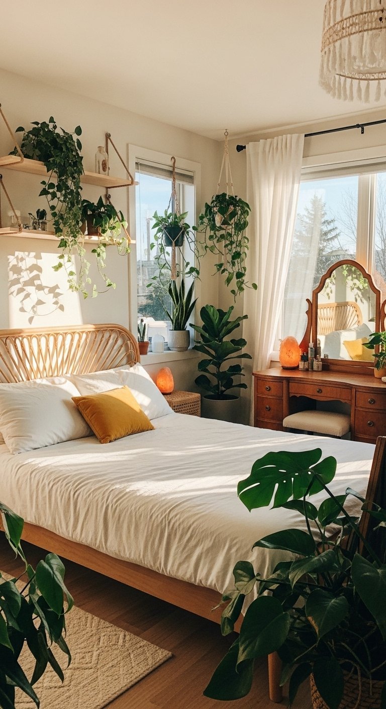 Chambre lumineuse remplie de plantes vertes sur des étagères