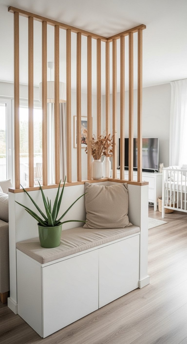 Claustra en bois sur un banc de rangement blanc dans un salon