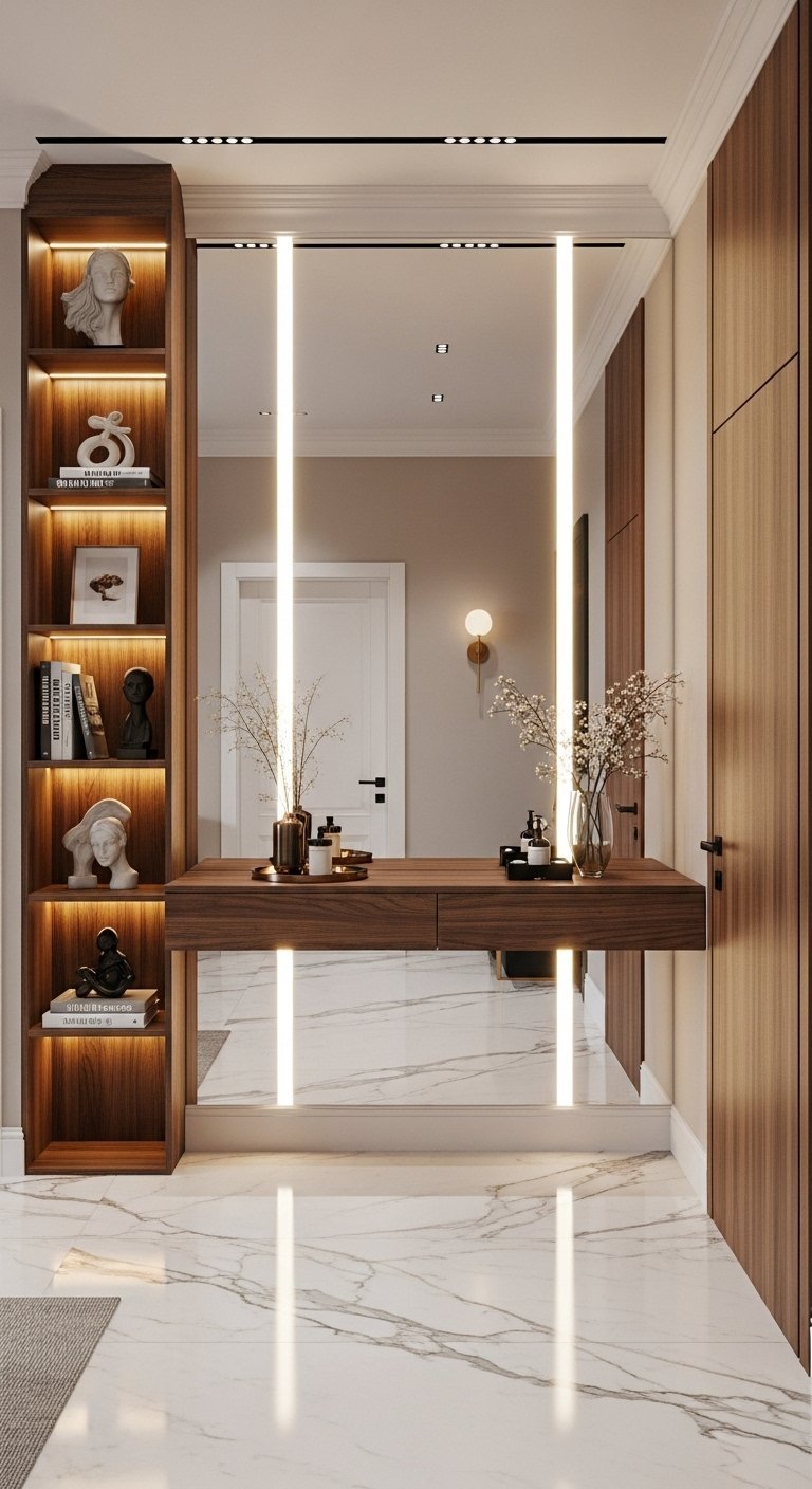 Console flottante en bois avec etageres et eclairage LED vertical