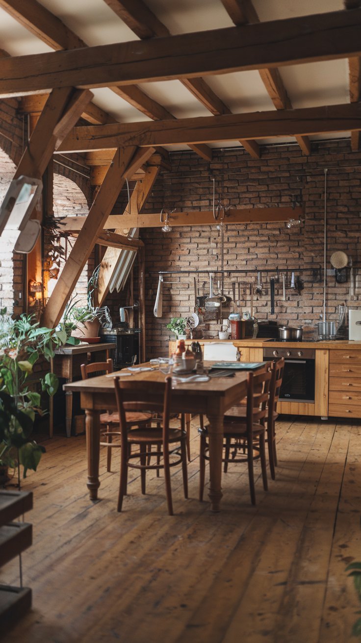 Cuisine rustique avec mur en brique et table en bois
