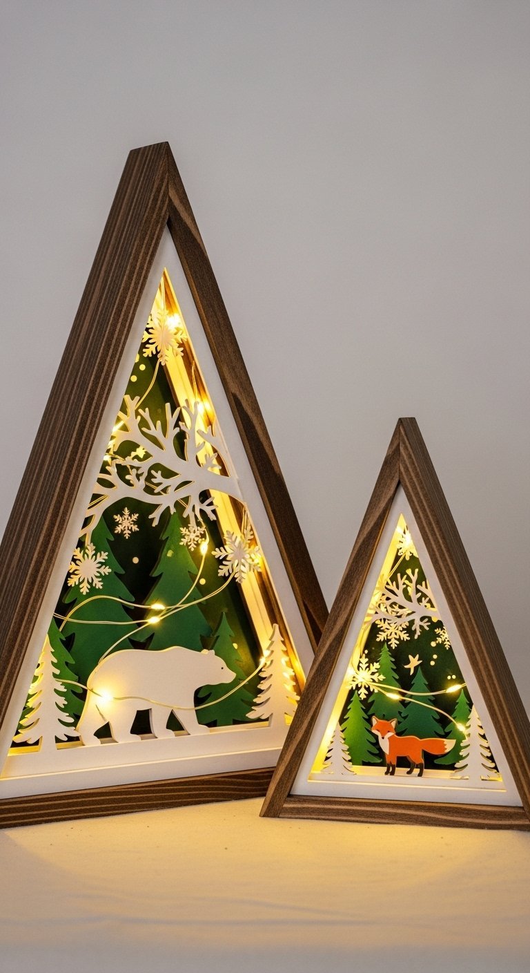 Decorations de noel triangulaires en bois avec scene hivernale lumineuse a l interieur