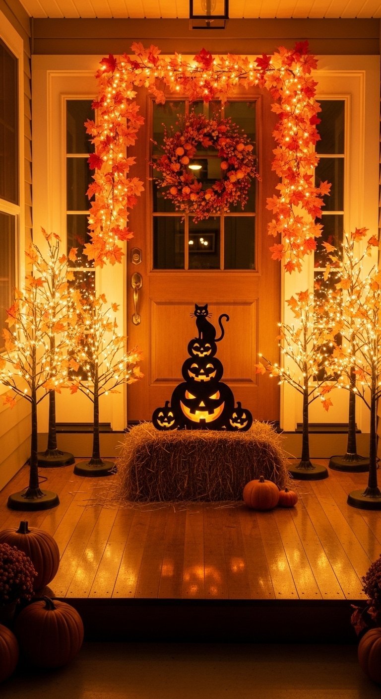 Entrée de porche avec citrouilles lumineuses et arbres éclairés pour halloween