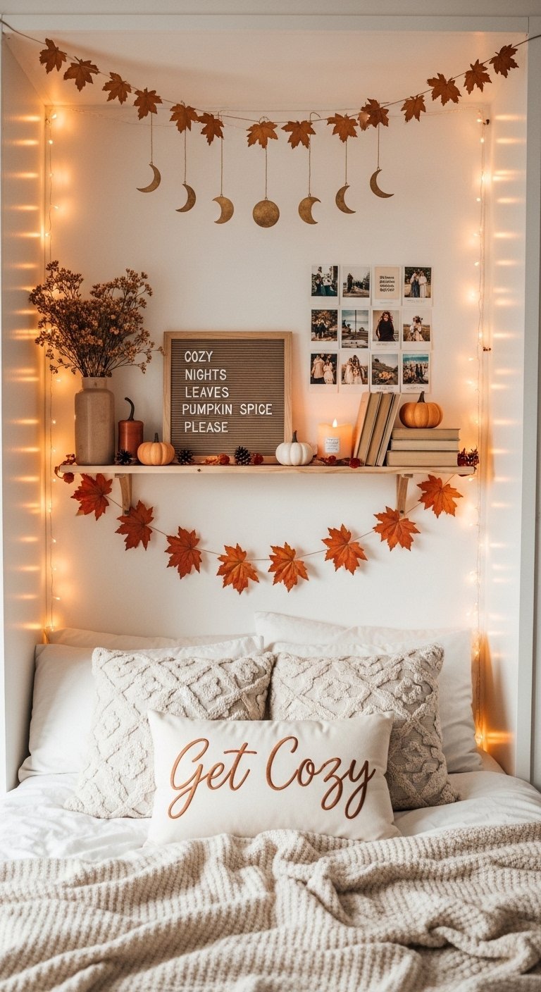 Etagere au dessus du lit avec un panneau a message et des guirlandes lumineuses