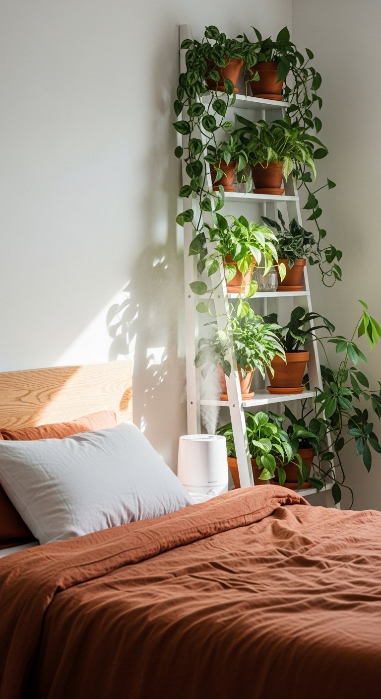 Étagère échelle blanche avec plantes en pots près du lit
