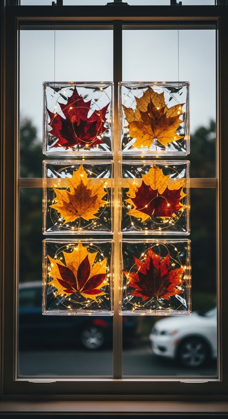 Feuilles d automne dans des blocs de verre illuminés suspendus à une fenêtre