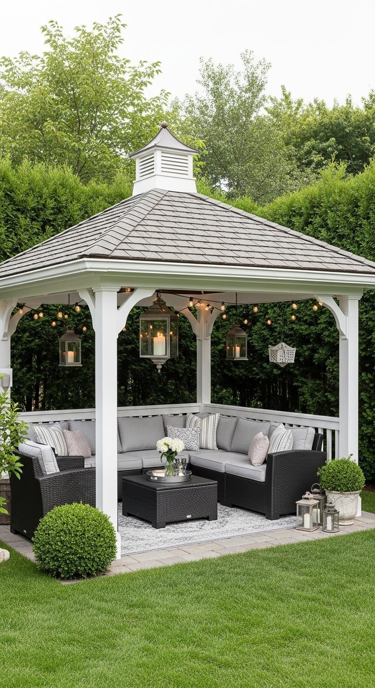 Gazébo de jardin blanc avec un grand canapé d angle gris