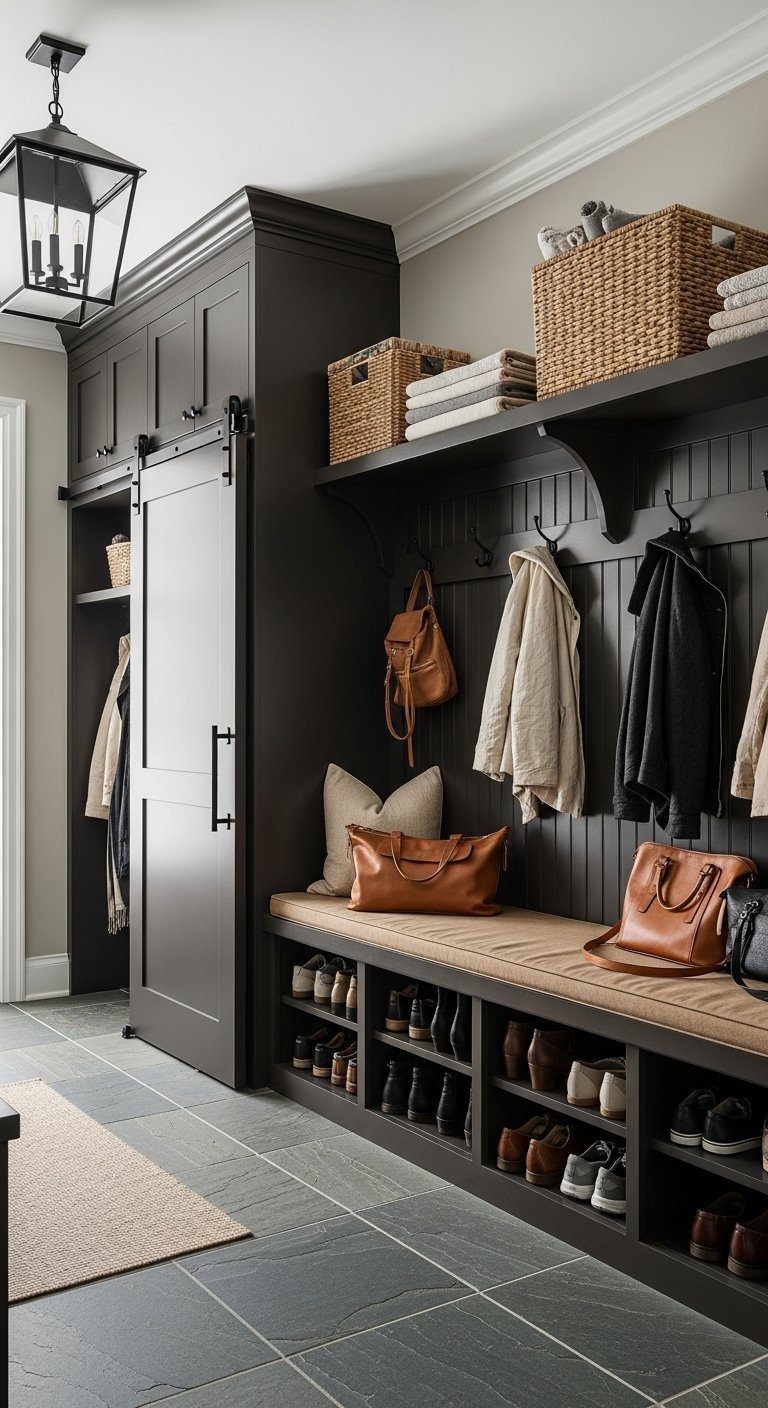 Grand meuble d entree noir avec porte coulissante et long banc