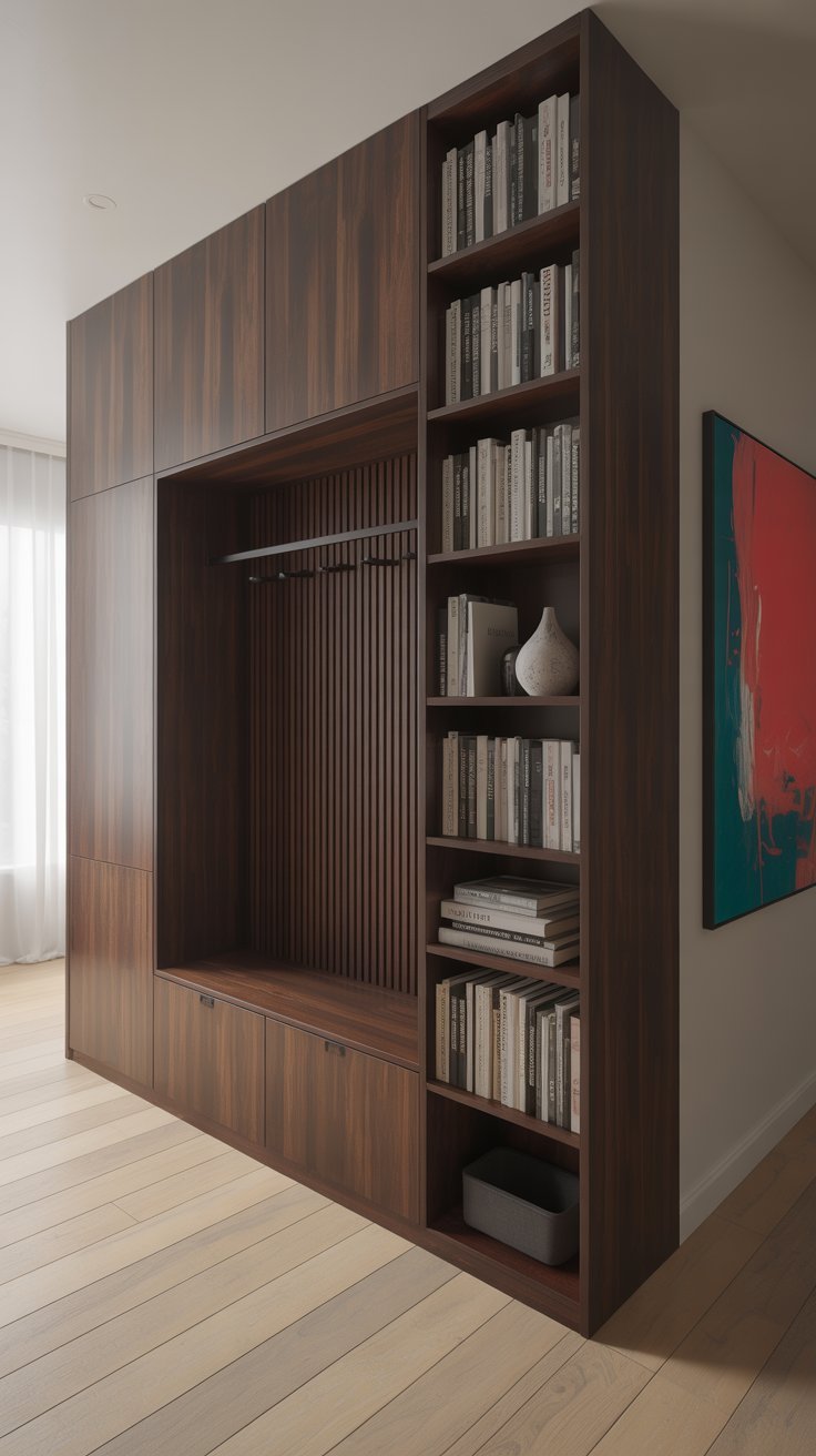 Grande armoire murale en bois foncé avec penderie ouverte et bibliothèque intégrée