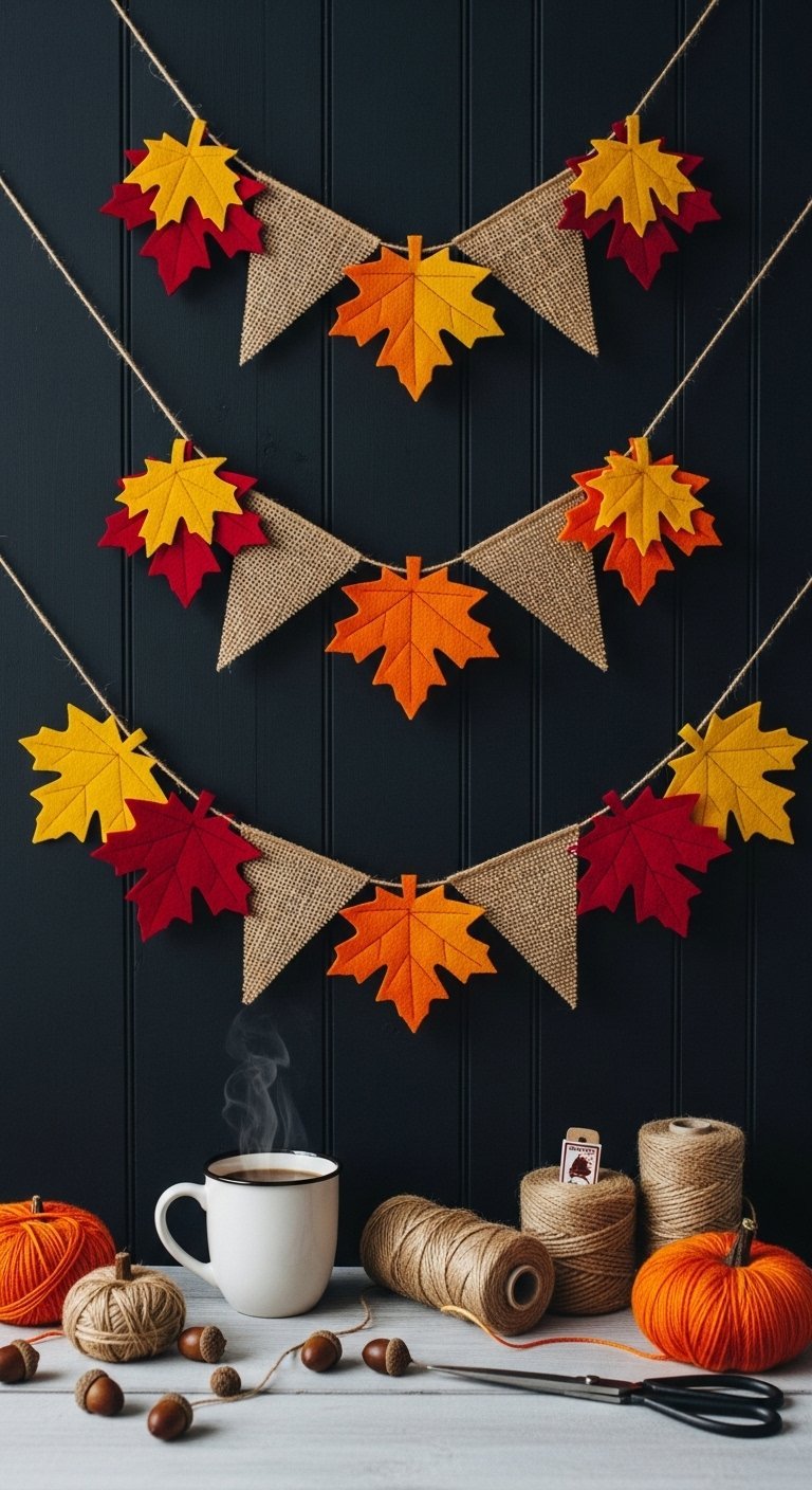Guirlande d automne avec des fanions en toile de jute et des feuilles en feutrine
