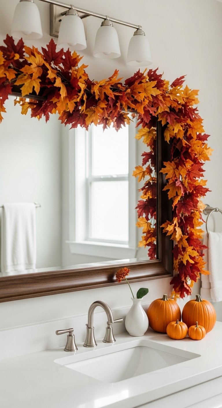 Guirlande de feuilles d automne colorees encadrant un miroir de salle de bain