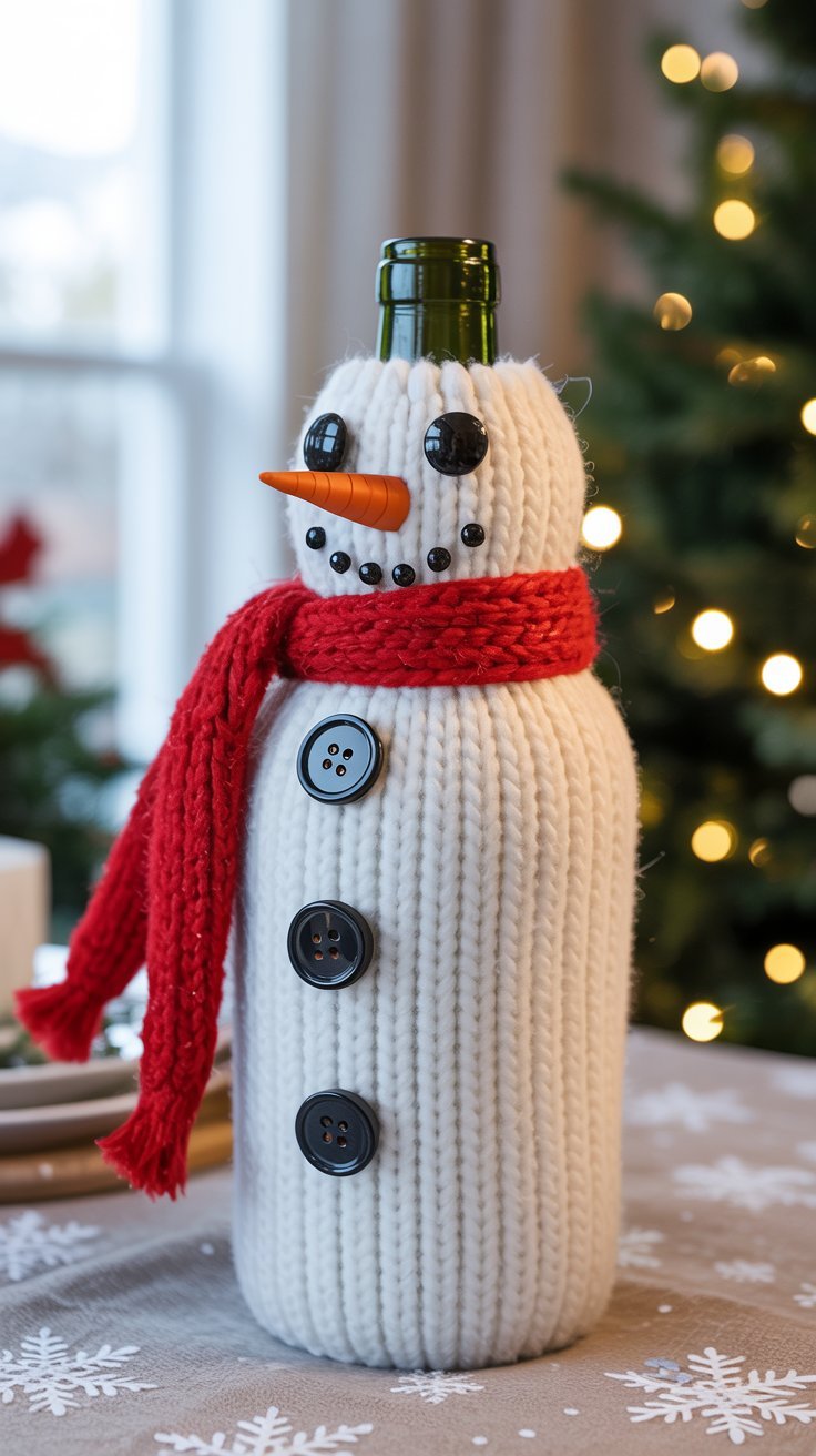 Housse de bouteille en tricot blanc en forme de bonhomme de neige