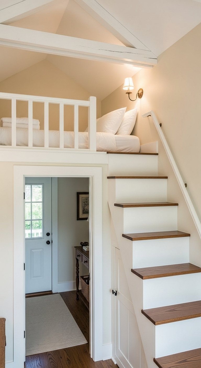 Lit mezzanine blanc au dessus d une porte avec escalier en bois