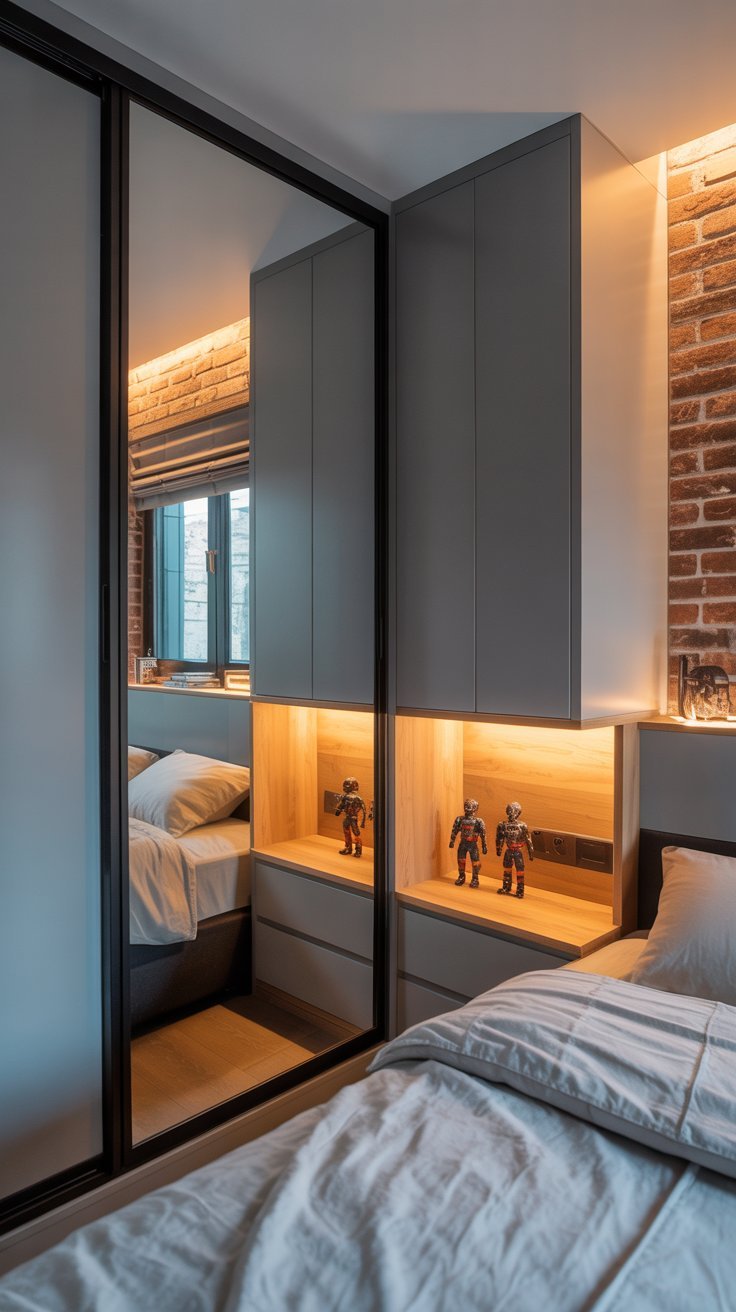 Penderie grise avec portes miroir et niche en bois éclairée
