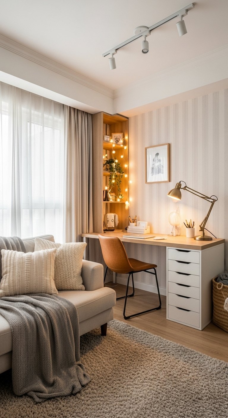 Petit bureau amenage dans une niche lumineuse a cote d un canape gris
