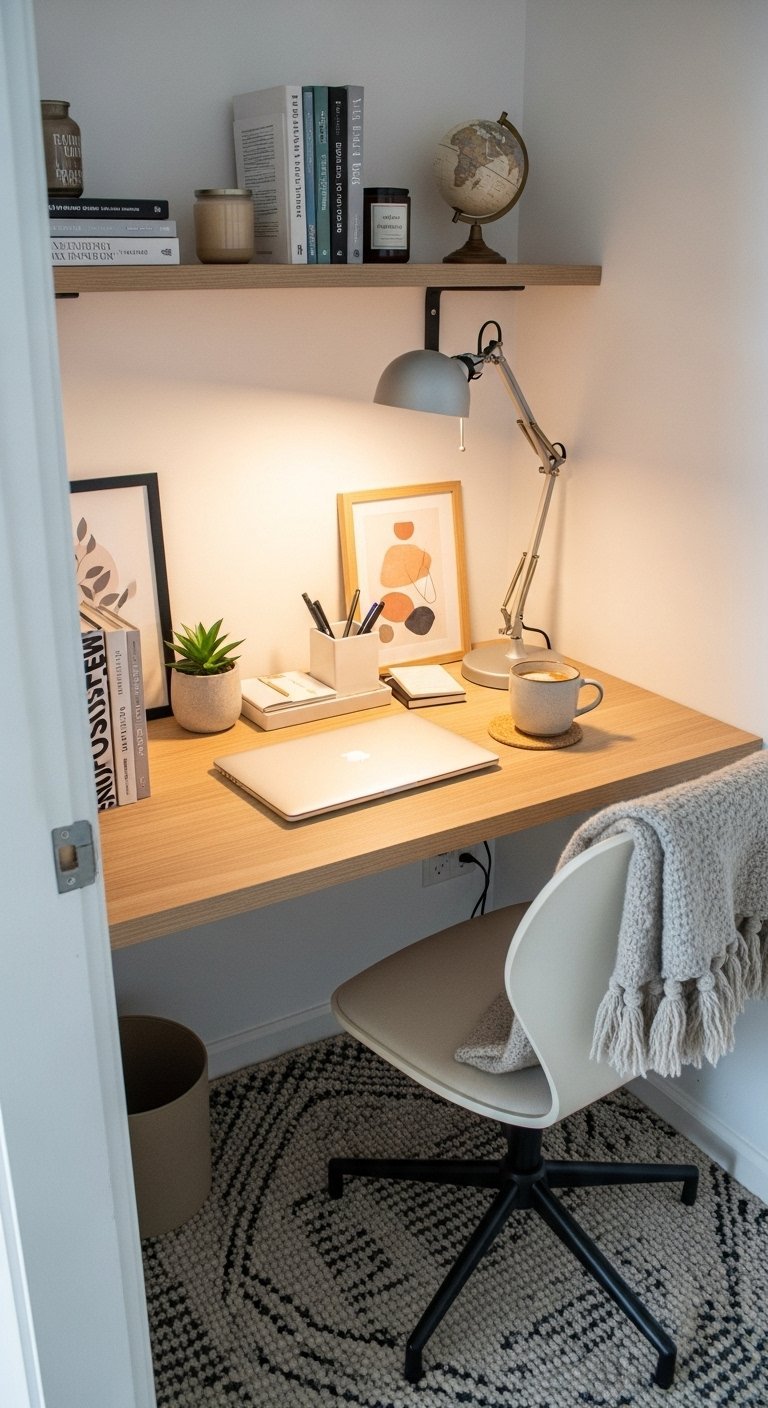 Petit bureau en bois dans un coin avec une étagère noire et une lampe grise