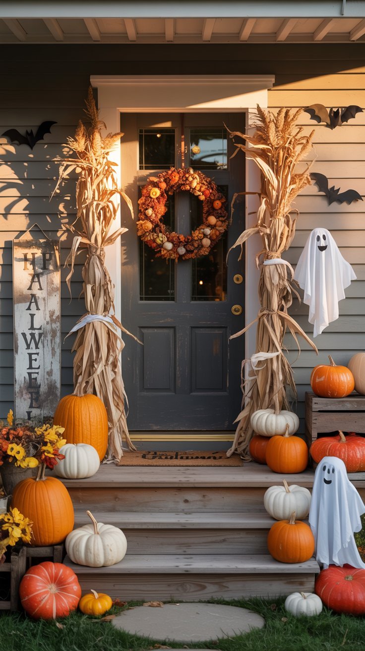 Porche d entrée rustique décoré de citrouilles et de fantômes pour Halloween