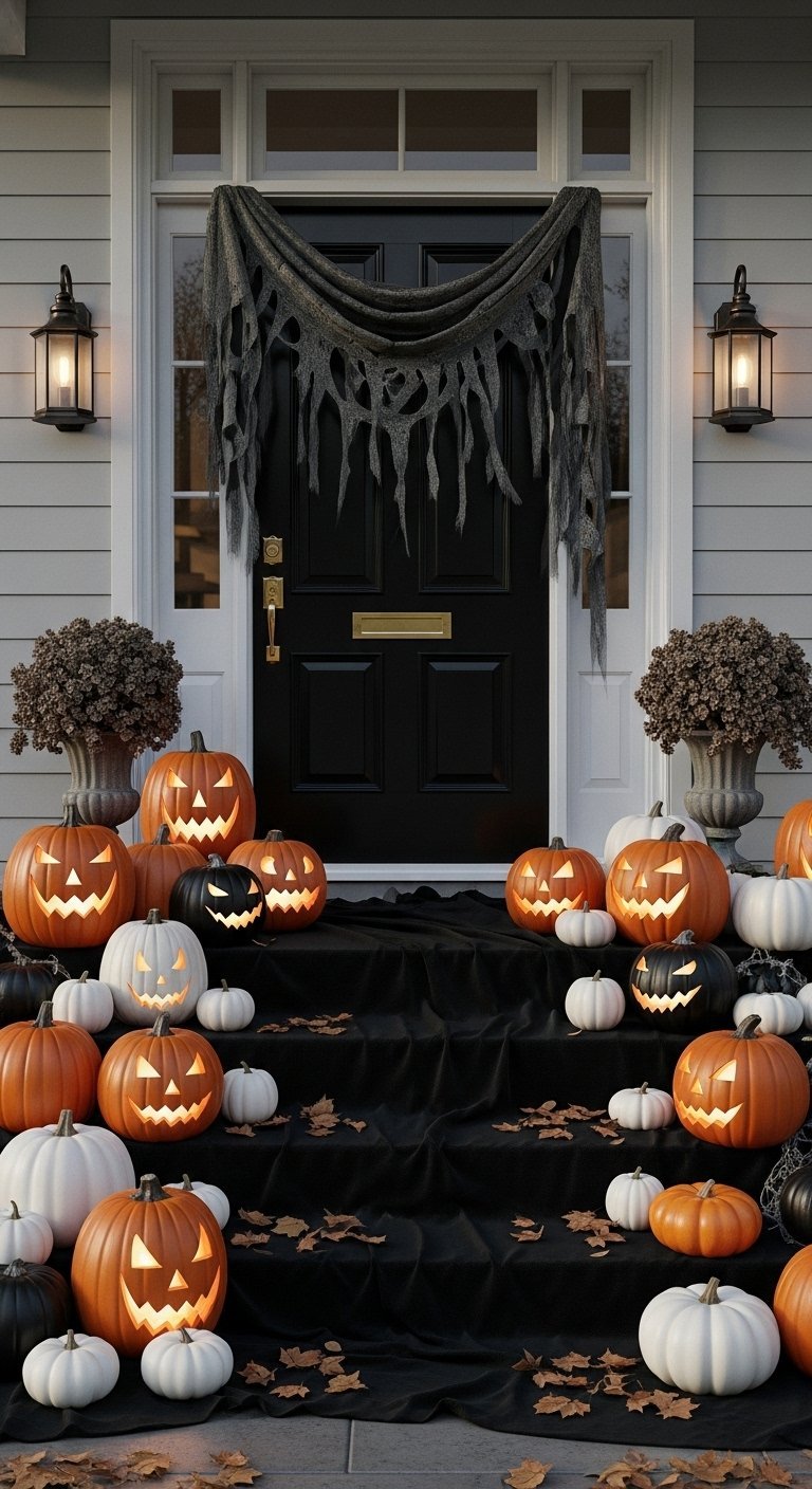 Porte noire avec tissu déchiré et citrouilles illuminées