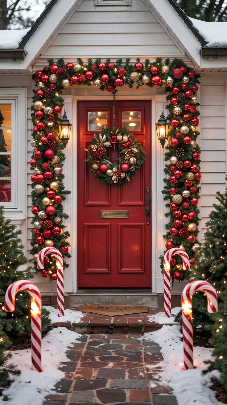 Porte rouge avec guirlande de Noel et cannes a sucre lumineuses