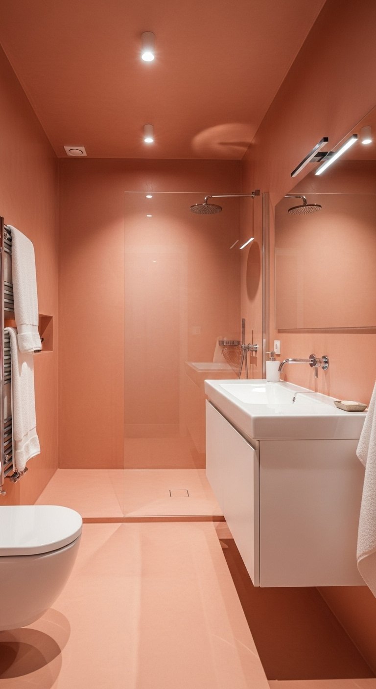 Salle de bain minimaliste avec murs et sol terracotta poudré